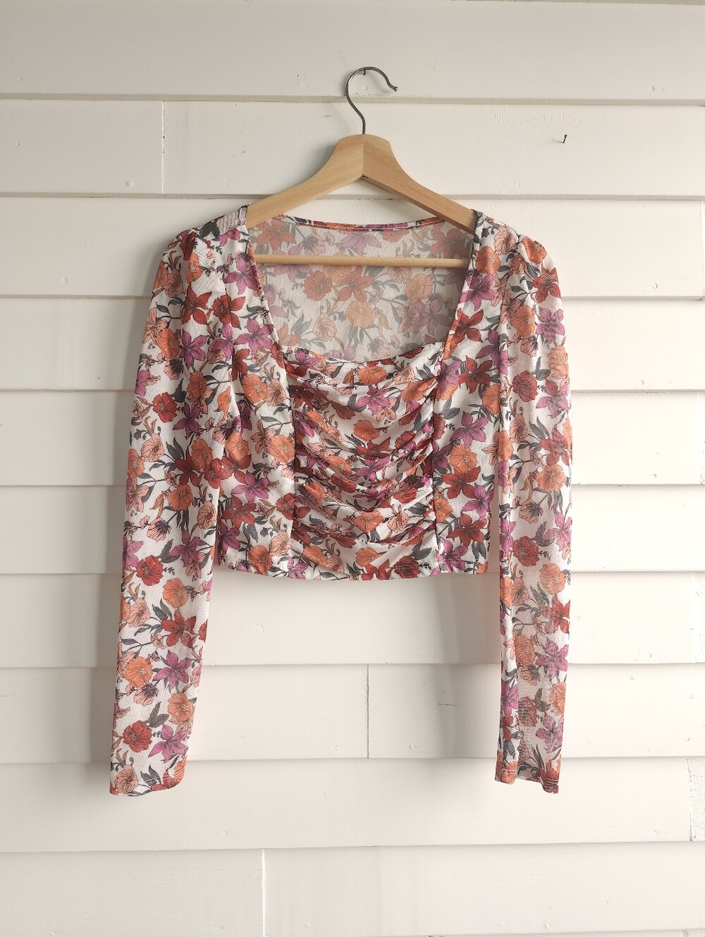 floral mesh princess dart ruched crop